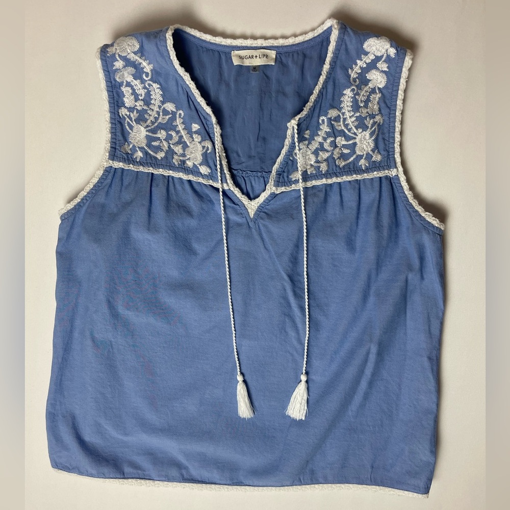 Sugarlips Blue Sleeveless Blouse with White Embroidery Size M